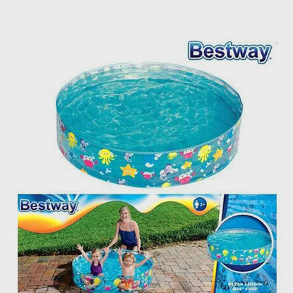 Inflatable pool with Bestway branding and children playing around it.