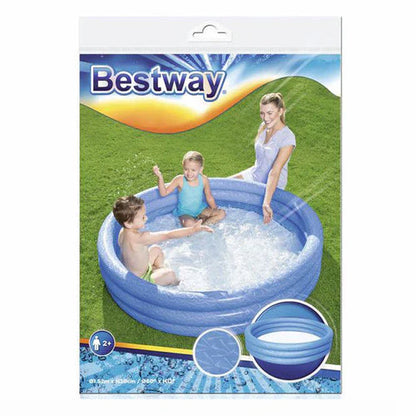 Bestway inflatable pool packaging with a woman and child on grass