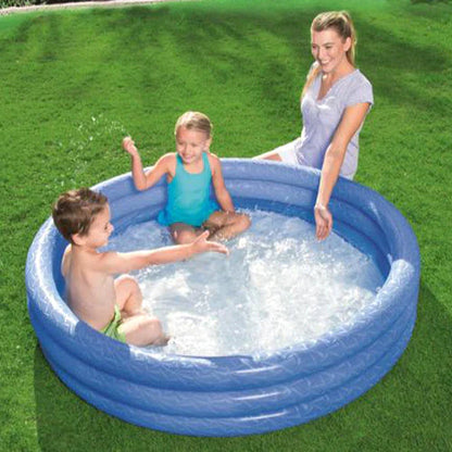 Inflatable children's pool with colorful rings on a white background