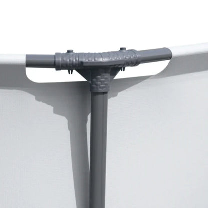 Close-up of a gray metal bracket on a white background