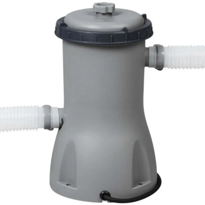 Gray pool filter with white pipes on a white background