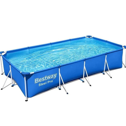 Rectangular above-ground pool with blue water and metal frame, featuring Bestway branding.