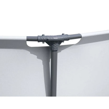 Close-up of a gray metal bracket on a white background