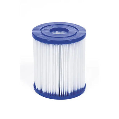 White filter cartridge with blue lid on a white background