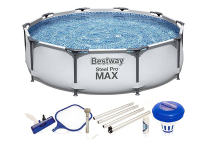 Bestway Steel Pro MAX pool set with cleaning tools on a white background