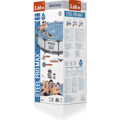Box of Bestway Steel Pro Max inflatable pool with family images and specifications.