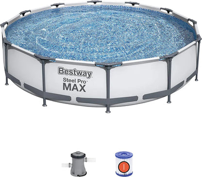 Bestway Steel Pro MAX above-ground pool with filter pump and cartridge on a white background