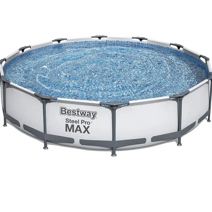 Round above-ground pool with metal frame and clear water, branded 'Bestway Steel Pro MAX'.
