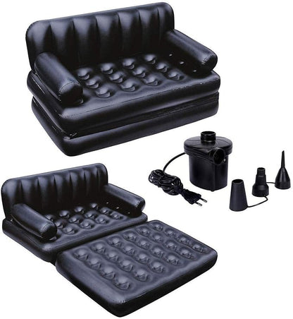 Black inflatable sofa set with pump and attachments on a white background