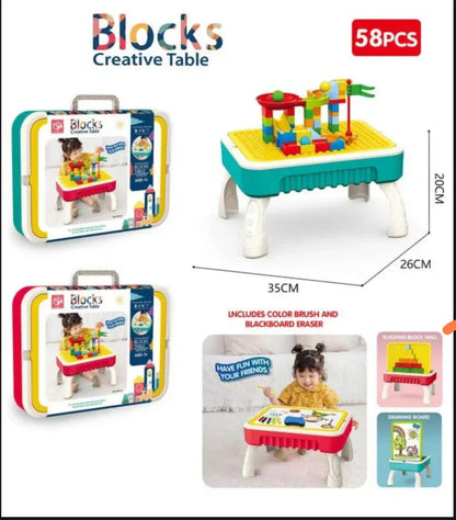 Blocks Creative Table with packaging and dimensions displayed