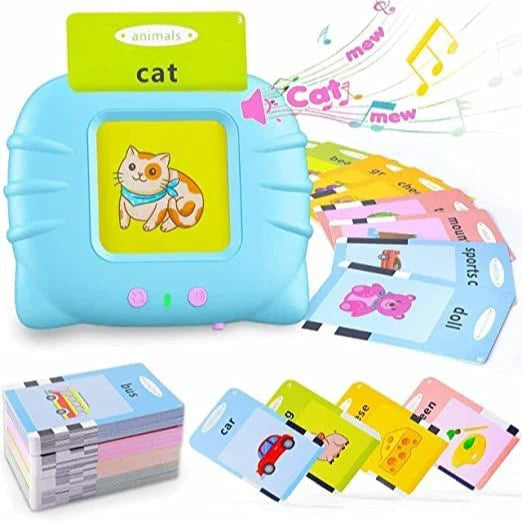 Educational toy with cards and a container labeled 'animals' featuring a cat illustration.