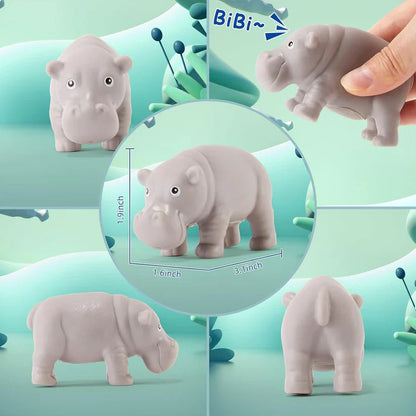 Collage of a small hippo figurine with measurements and a hand holding it, on a light green background.