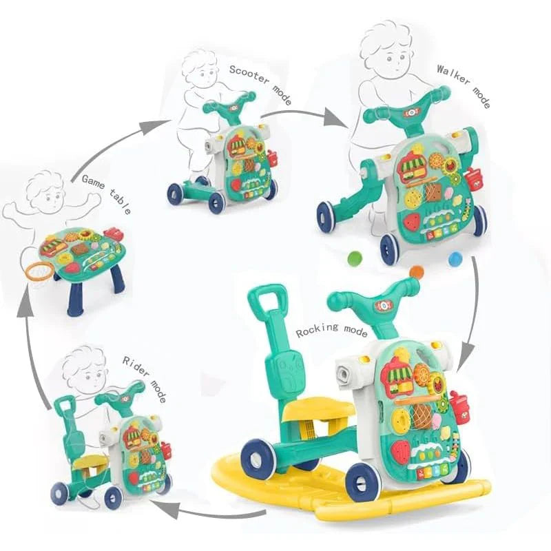 Multifunctional children's toy with scooter, walker, game table, and rocking modes on a white background.