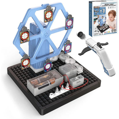 Science experiment kit with blue frame, motors, and electronic components on a white background