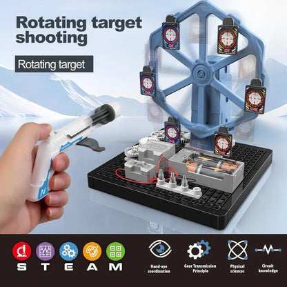 Rotating target shooting game with a hand holding a toy gun on a light blue background