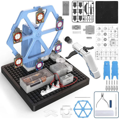 Science experiment kit with model building components and tools on a white background