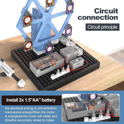 Educational circuit model with gears and batteries on a wooden surface