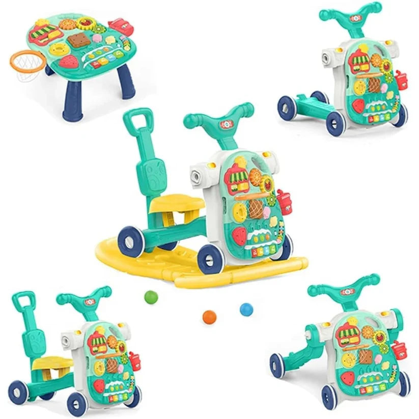 Set of colorful children's toys including a scooter, table, and other accessories on a white background.