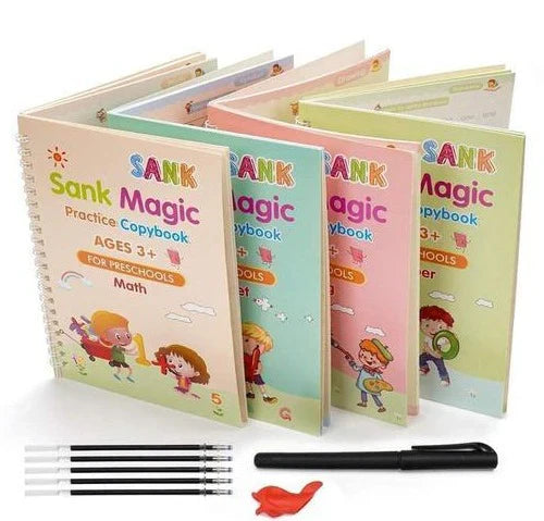 Set of colorful 'Sank Magic' practice copybooks for preschoolers with pens on a white background