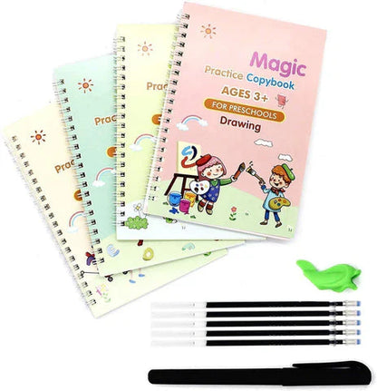 Set of practice copybooks for preschoolers with colorful covers and drawing tools on a white background.