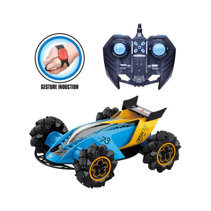 Toy car with remote control and gesture induction feature on a white background