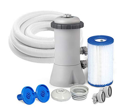 Pool cleaning system with pump, hose, filter, and accessories on a white background