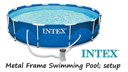 Intex metal frame swimming pool with pump on a white background