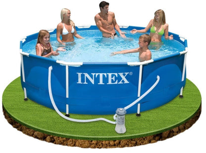 Intex above-ground pool with family around it on a grassy area