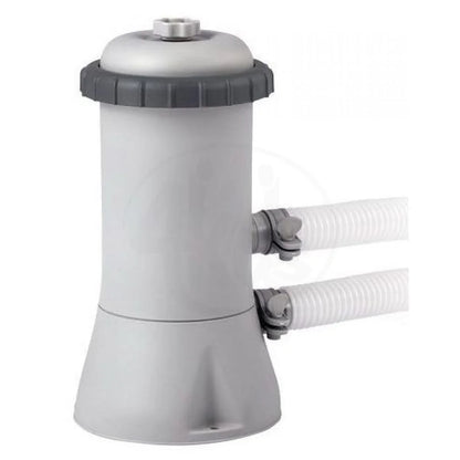 White pool filter with gray top and white hoses on a white background