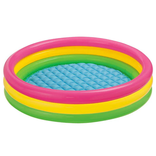 Colorful inflatable pool with starfish design on a white background