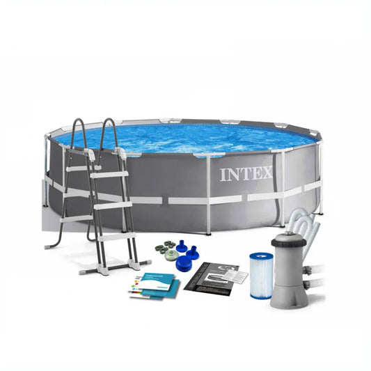 Intex pool set with ladder, chemicals, and filter on a white background