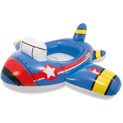 Inflatable airplane-shaped pool float with red, blue, and yellow colors on a white background