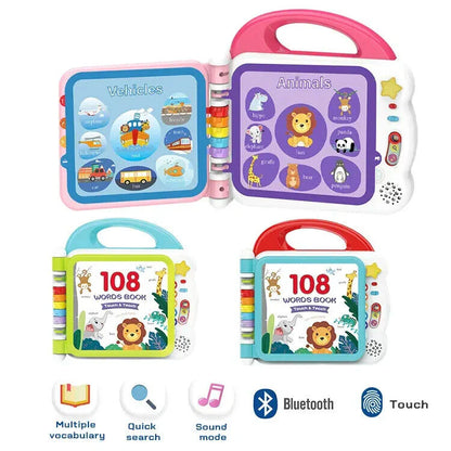 Set of educational children's books with interactive features on a white background