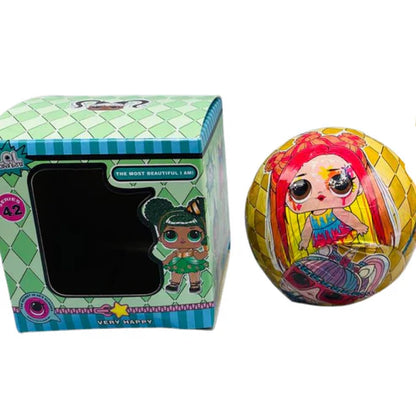 Two dolls with different outfits standing next to a red container, with a digital caliper showing measurement details.