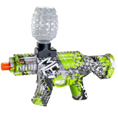 Colorful water gun with a clear bottle attachment on a white background