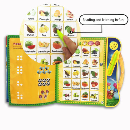 Educational book with fruit illustrations and a pointing device, labeled 'Reading and learning in fun'.
