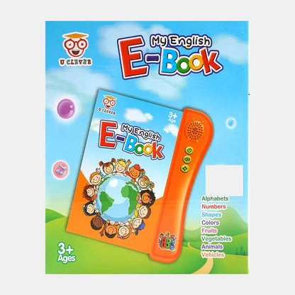 Children's educational e-book with orange reader on a blue sky background