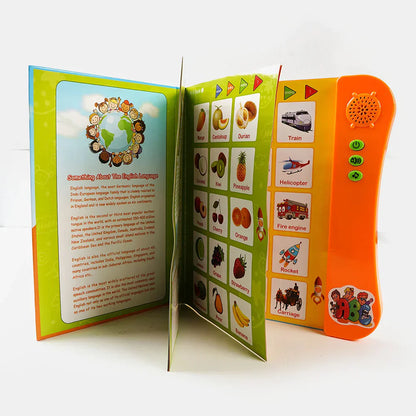 Children's educational book with colorful illustrations and text on a wooden surface