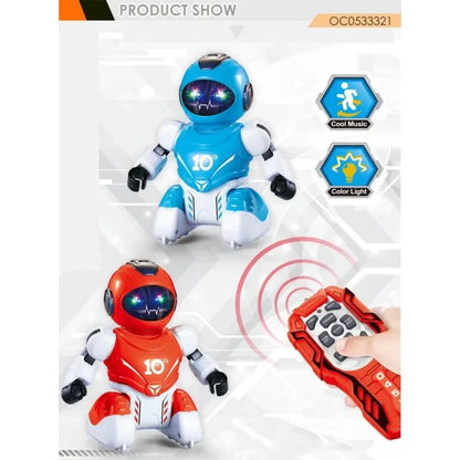 Two toy robots with remote control on a product display card.