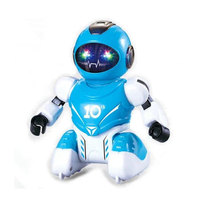 Toy robot with blue and white color scheme on a white background