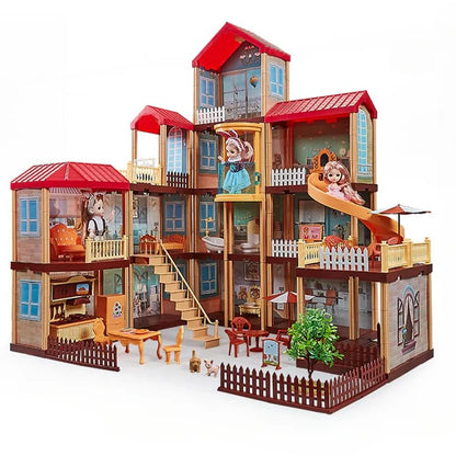 Toy dollhouse with multiple levels, furniture, and decorative elements on a white background