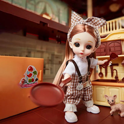 Doll with checkered bow in a kitchen setting