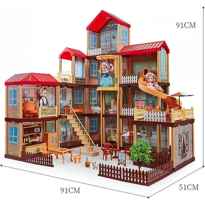 Toy dollhouse with multiple levels, furniture, and decorations, shown with dimensions on a white background.