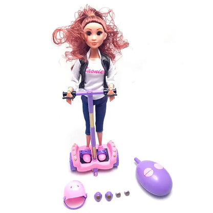 Toy doll with scooter and accessories on a white background