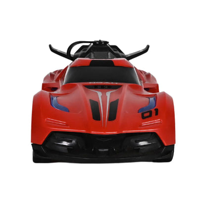 Red toy car with black and blue details on a white background