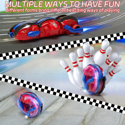 Toy car with LED lights in red and blue, interacting with a set of white bowling pins with red stripes on a checkered background.