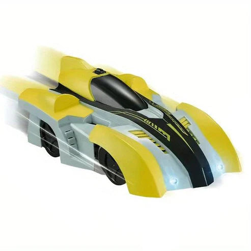 Yellow and gray toy car on a white background