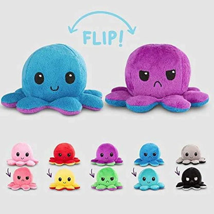 Plush octopus toy that changes color when flipped, with additional color options displayed below.