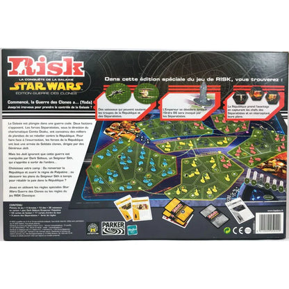 Risk Star Wars board game packaging with game pieces and cards on a white background