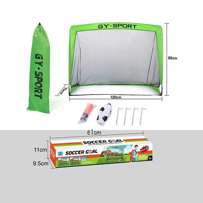 Green soccer goal with accessories and dimensions displayed